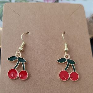 New Hand Crafted Cute Red Cherry Earrings 14K Gold Plated Hooks